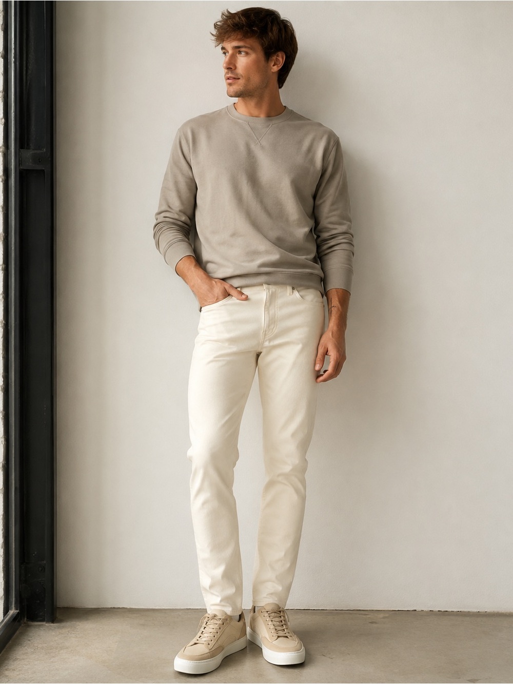Everlane Men’s The Slim Fit Organic Cotton Calico Ecru Cream Denim Jeans